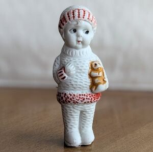 Antique Bisque Porcelain Penny Doll w/ Teddy Bear - 1920s Japan